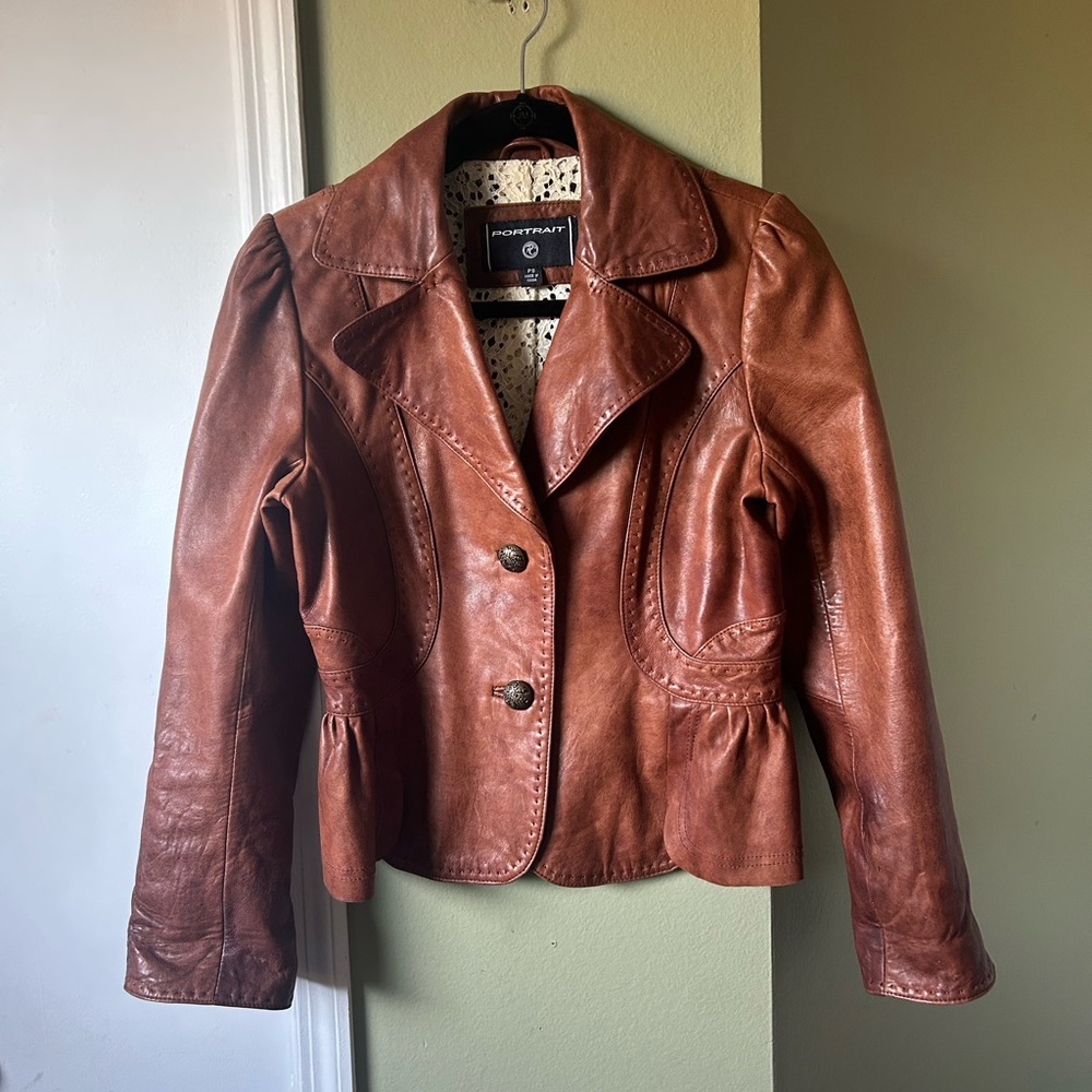 Portrait Women's Brown Leather Jacket Sz PS - Picture 5 of 9